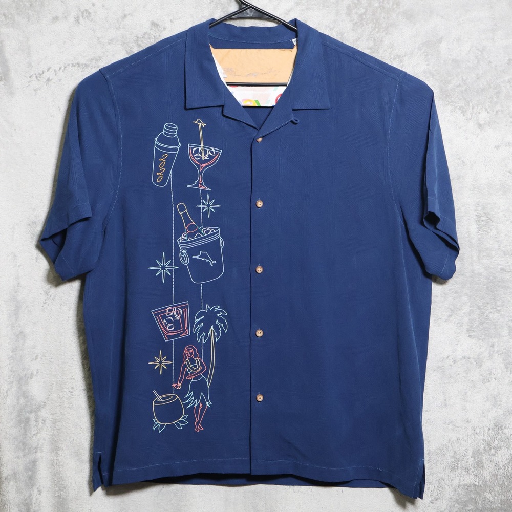 Tommy Bahama Shirt Mens XXL Blue Happy New Year 2020 Silk Camp Casual Resort
